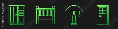 Set line Table lamp, Wardrobe, Baby crib cradle bed and Closed door. Gradient color icons. Vector