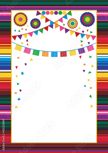 Mexican style frame design template. Striped serape design, paper garlands, confetti, pompoms and fans. With copy space for text. For banner, flier, wedding invitation, fiesta, cinco de mayo, birthday