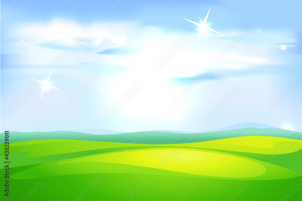 Blue Sky Glittering and Green Field Meadow Background Vector Illustration