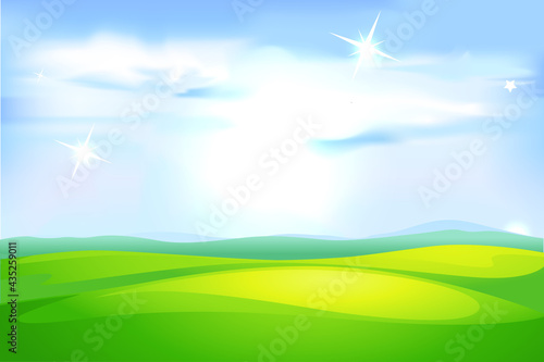 Blue Sky Glittering and Green Field Meadow Background Vector Illustration