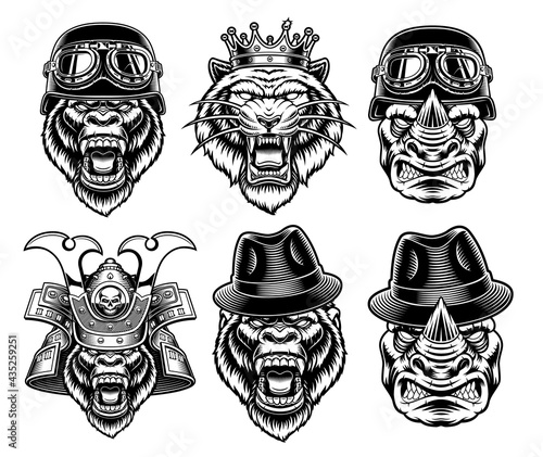 A set of black and white animal mascots in different headdress on white background