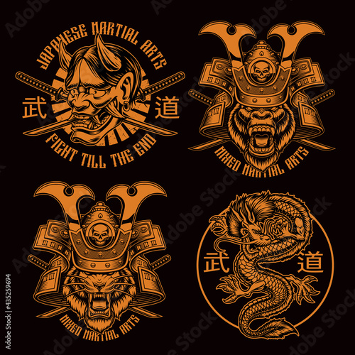 Black and white samurai t-shirt designs, translation of Japanese characters in the file layer name