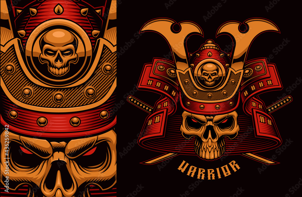 Vintage vector illustration of a colorful samurai skull with crossed ...