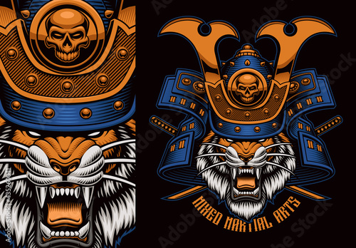 Colorful t-shirt print of a tiger samurai