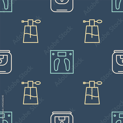 Set line Aroma lamp, Perfume and Bathroom scales on seamless pattern. Vector