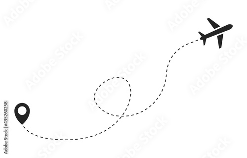 Airplane dotted path. Aircraft route dotted line. Route airline trajectory. Plane travel from start point. Airplane flight route dotted. Vector illustration.
