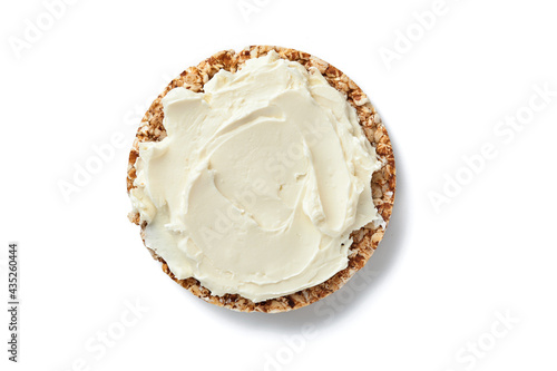 Crispy buckwheat bread cake gluten free with cream cheese for healthy breakfast isolated on white background. Top view.