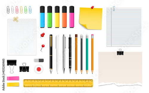Office stationery big set. School supplies collection. Pens, pencils, colored markers, eraser rubber, ruler, note paper, pins and paper clips. Vector illustration.