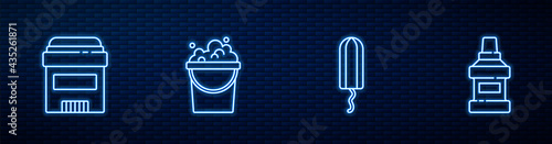 Set line Sanitary tampon, Antiperspirant deodorant roll, Bucket with soap suds and Mouthwash bottle. Glowing neon icon on brick wall. Vector