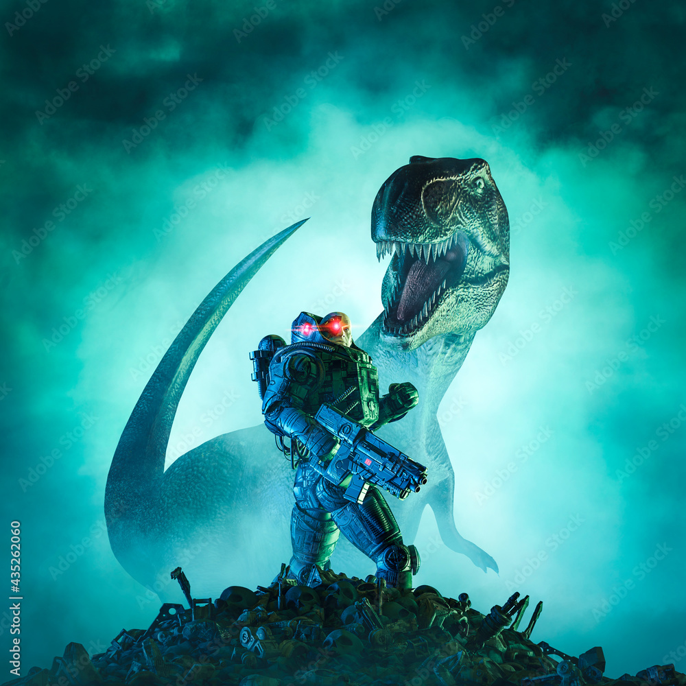 Alien dinosaur hunter soldier / 3D illustration of science fiction military  robot warrior confronting giant tyrannosaurus rex with ominous sky  background Stock Illustration | Adobe Stock