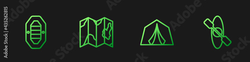 Set line Tourist tent, Rafting boat, Location of the forest on map and Kayak canoe. Gradient color icons. Vector