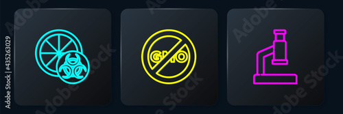 Set line Genetically modified orange, Microscope and No GMO. Black square button. Vector