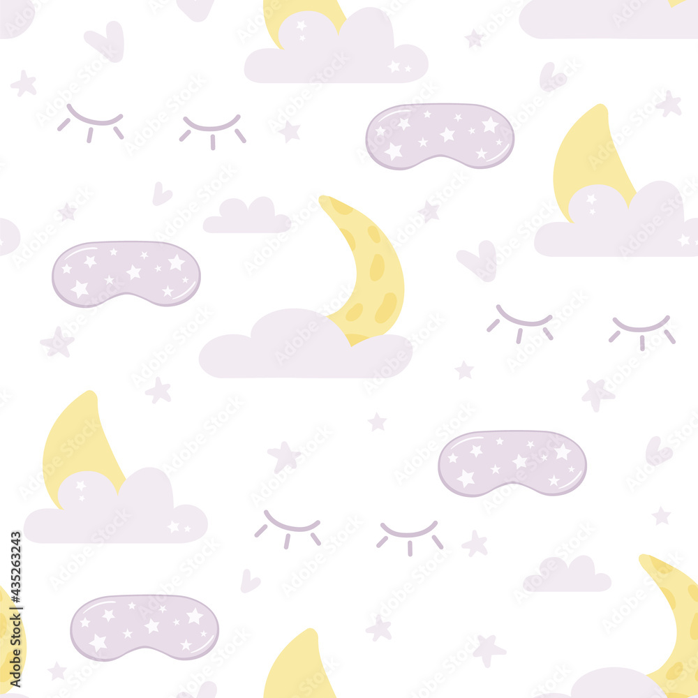 Seamless pattern with cute illustration of sleep mask, eyelashes, moon and clouds. Vector illustration for posters in the nursery.