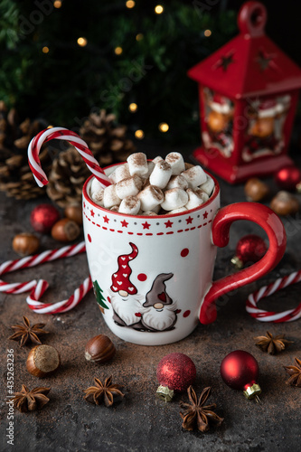 Christmas time composition with mug with hot chocolate and marshmallows