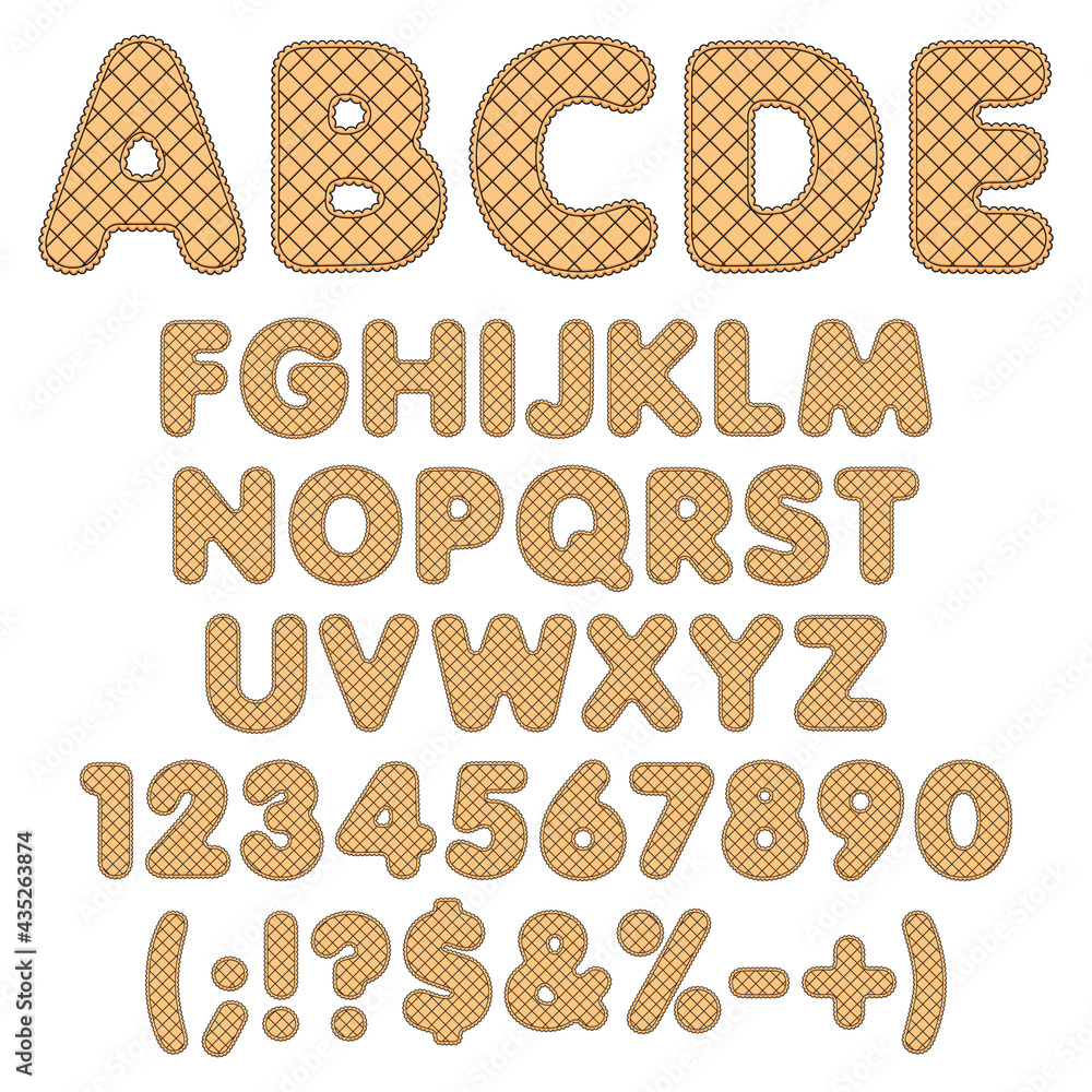 Alphabet, letters, numbers and signs made from cookie, waffle. Set of colored isolated vector objects on a white background. Alphabet, letters, numbers and signs made from cookie, waffle. Set of colored isolated vector objects on a white background.