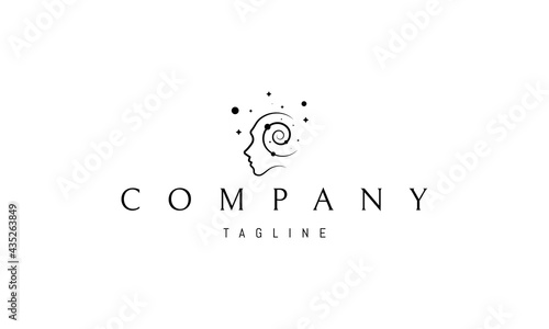 Vector logo on which an abstract image of a human head with the universe instead of brains.