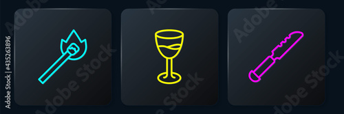 Set line Burning match with fire, Bread knife and Wine glass. Black square button. Vector
