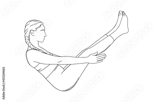 Hatha yoga for abs and balance. Navasana for strong abs. Outline vector illustration