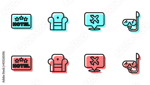 Set line Speech bubble with airplane, Signboard text Hotel, Armchair and Diving mask and snorkel icon. Vector