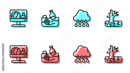 Set line Cloud with rain, Weather forecast, Problem pollution of ocean and Withered tree icon. Vector