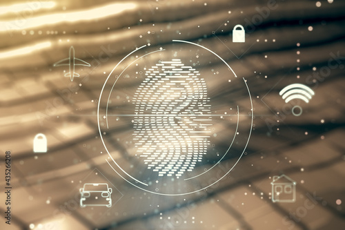 Multi exposure of virtual fingerprint scan interface on shiny metal background, digital access concept