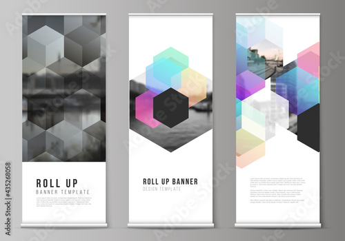 Vector layout of roll up mockup design templates with abstract shapes and colors for vertical flyers, flags design templates, banner stands, advertising design mockups.