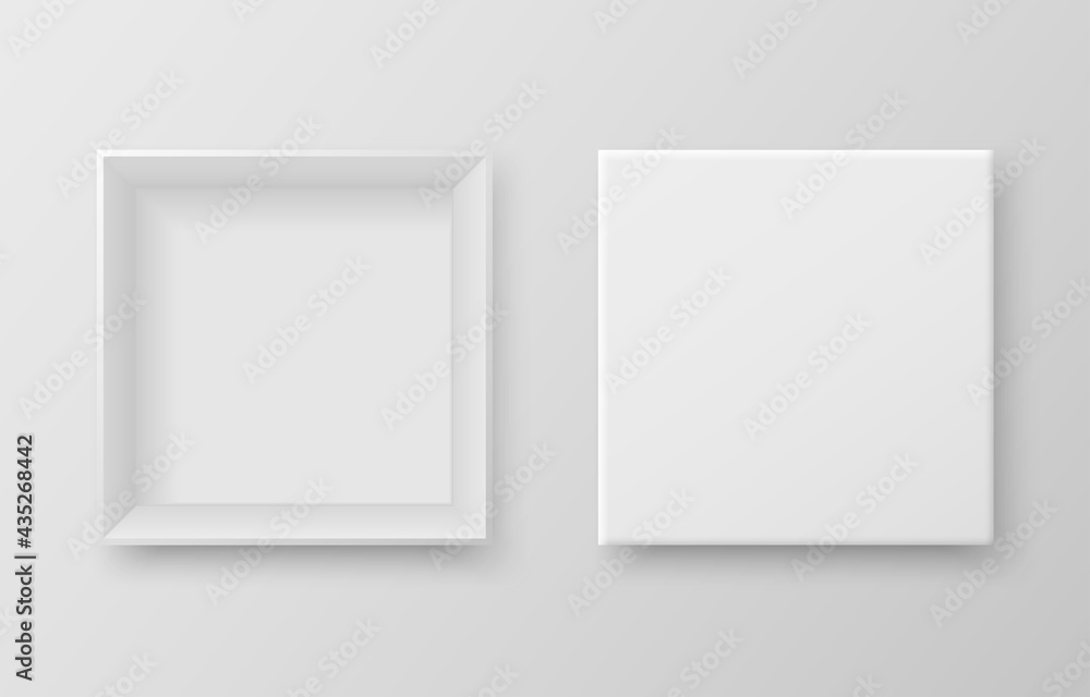 Realistic white gift box with shadow on grey background. Top view. Open and closed blank package cardboard boxes. Mockup template for present, gift, delivery. Vector illustration