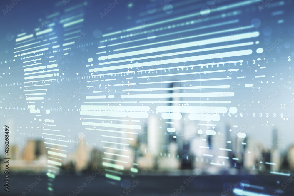 Fototapeta premium Multi exposure of abstract creative digital world map hologram on blurry cityscape background, research and analytics concept
