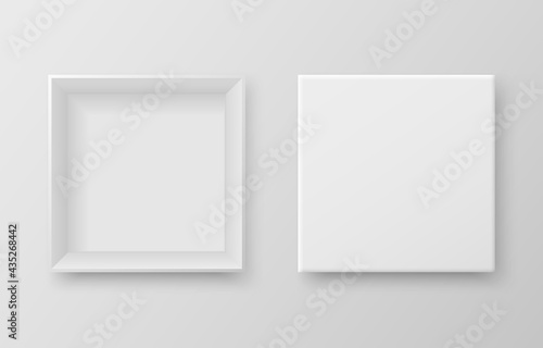 Realistic white gift box with shadow on grey background. Top view. Open and closed blank package cardboard boxes. Mockup template for present, gift, delivery. Vector illustration