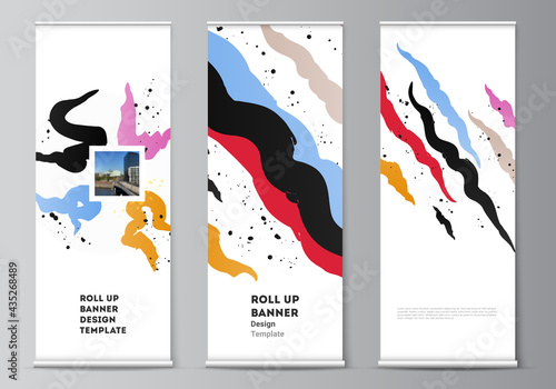 Vector layout of roll up mockup design templates for vertical flyers, flags design templates, banner stands, advertising design mockups, agency, corporate, business, portfolio, pitch deck, startup.