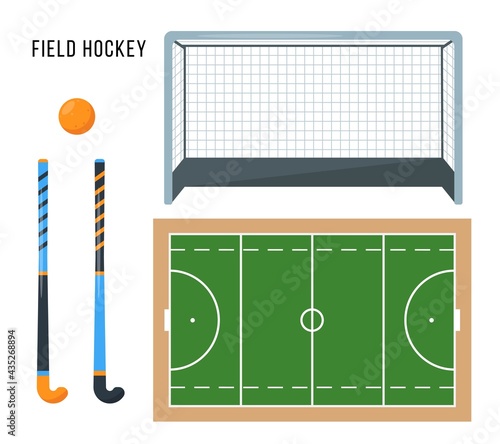 Field hockey equipment. Sport Ball, Sticks, Gate and green Court.