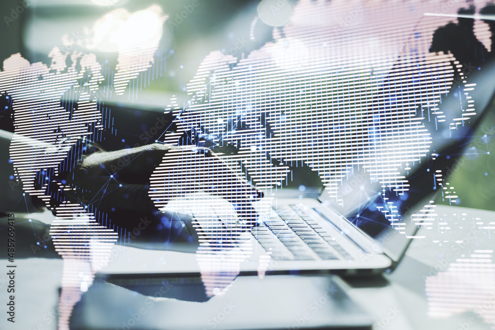 Abstract creative digital world map and hands typing on laptop on background, globalization concept. Multiexposure Abstract creative digital world map and hands typing on laptop on background, globalization concept. Multiexposure
