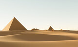 The vast desert is distant with pyramids and a number of camels walk in the desert. Daytime scenery in the desert The sun is bright and bright. 3D Rendering