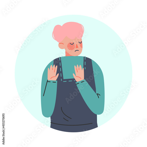 Young Man Making Negative Hand Gesture Showing Stop Sign in Circular Frame Vector Illustration