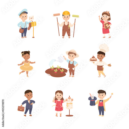 Cheerful Children Depicting Different Professions Like Ballerina and Teacher Vector Set