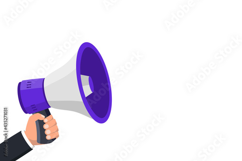 Hand hold megaphone with copy space . Megaphone. Loudspeaker, speaker, bullhorn alert. Advertising and business promotion symbol, social media marketing concept. Advertising through speakers