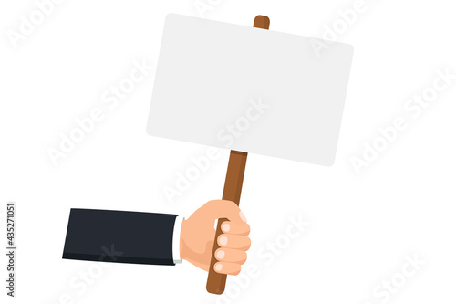 Human hand holding empty placard for banner design. Protest, political revolution, demonstrate, billboard. Poster banner design. Street demonstration concept. Struggle for rights concept