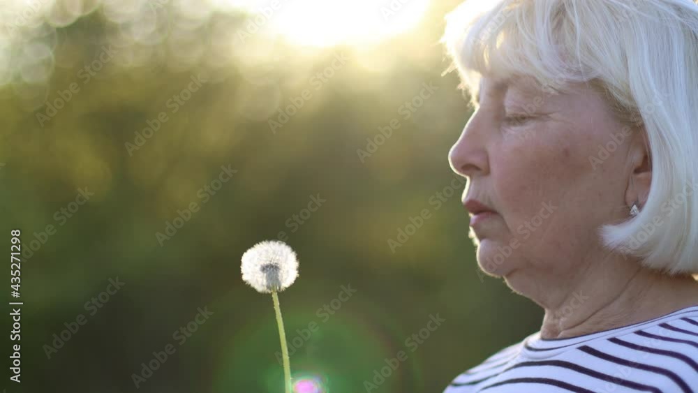 Happy Caucasian 50 year old woman blowing dandelion flower outdoors in spring garden. Spring. Happy Caucasian 50 year old woman blowing dandelion flower outdoors in spring garden. Spring.