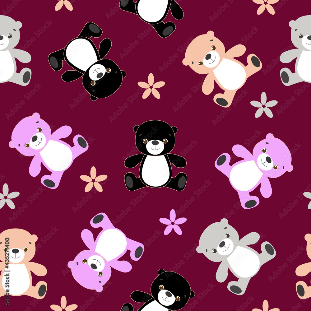 Kids pattern with cute colorful Teddy bear and stylized flowers. EPS 10. Kids pattern with cute colorful Teddy bear and stylized flowers. EPS 10.