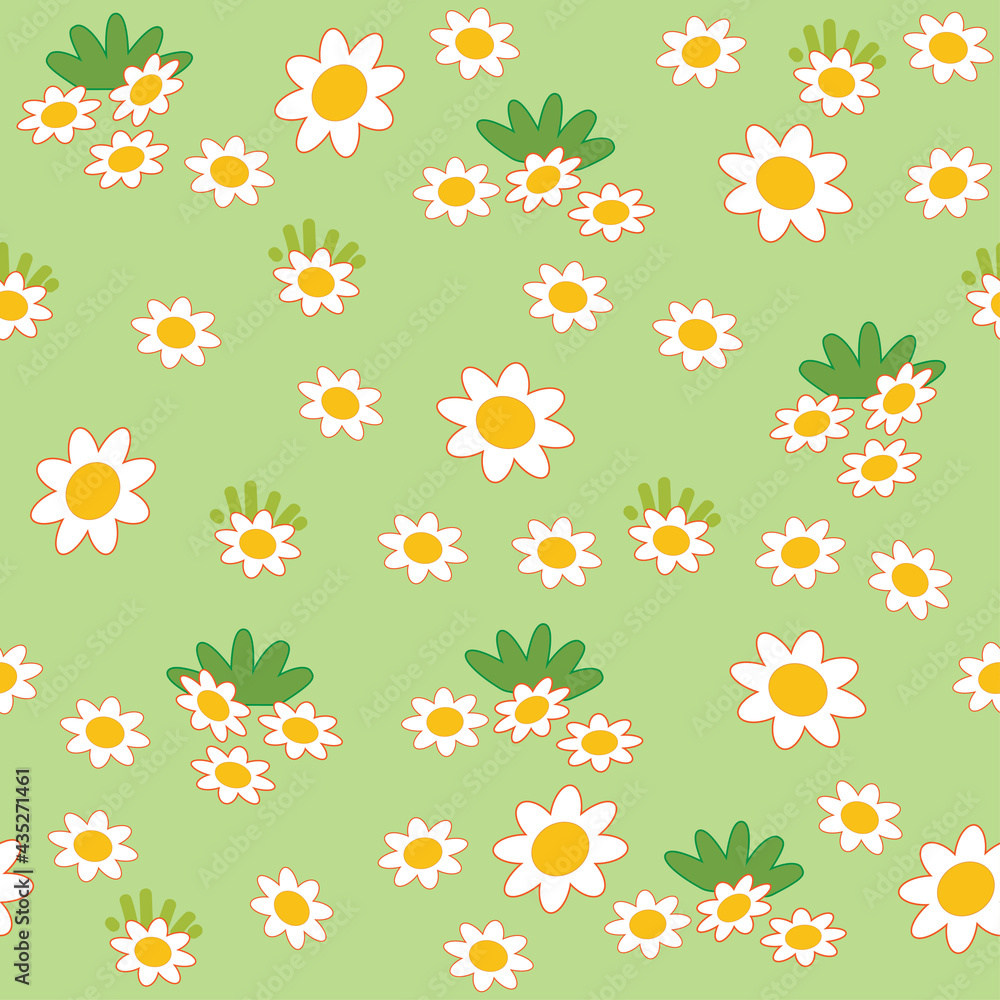 Seamless pattern with chamomile flowers. Pattern in children's cartoon style with plants on a green background.