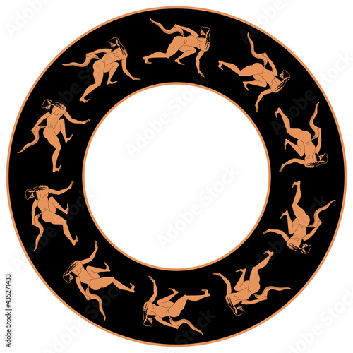 Round vintage frame with ancient Greek satyrs. Vase painting style.