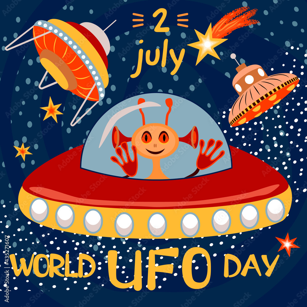 World UFO Day banner with comets, flying saucer, stars and alien on