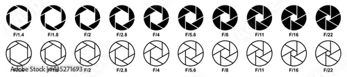 Camera Aperture icon set, lens diaphragm row with value numbers, Camera shutter, Vector illustration photo