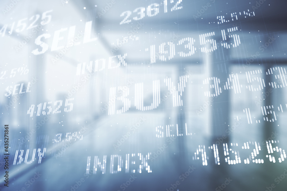 Fototapeta premium Abstract virtual financial graph hologram on modern interior background, financial and trading concept. Multiexposure