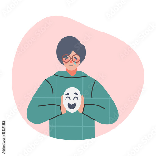 Depressed Boy Holding Smile Face Mask, Male Person Changing his Personality to Conform to Social Requirements, Fake Face Concept Cartoon Vector Illustration