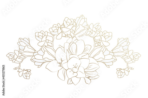 Vector wedding invitation with modern floral branch, gold flowers. Cute card with lettering. Simple template with golden design. Hand drawn illustration.