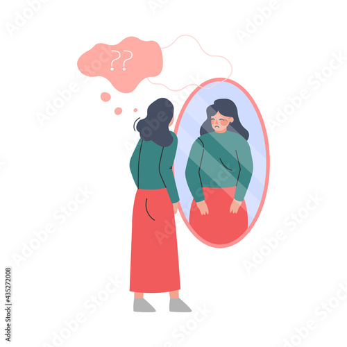 Girl Looking at Mirror and Seeing her Fat, identity Disorder, Mental Problems, Depression, Cartoon Vector Illustration