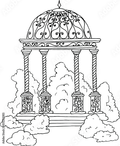 Architecture, gazebo, garden gazebo, Hand drawing illustration, graphics, Garden, Vegetable garden, Plants, Summer veranda.