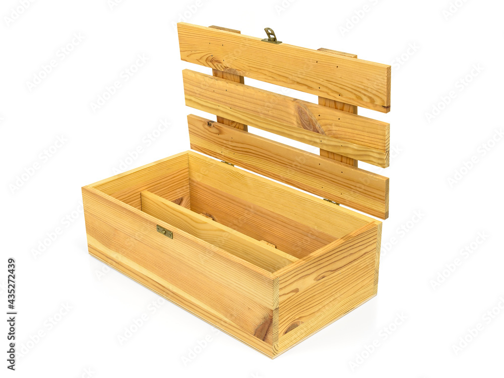 Open wooden crate on white background Open wooden crate on white background