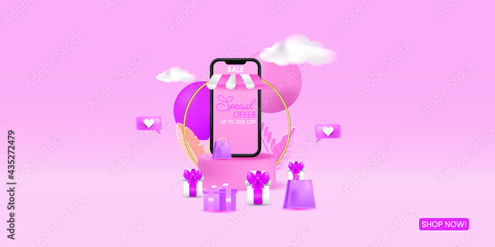 Online shopping store with mobile application digital marketing and sale banner background Online shopping store with mobile application digital marketing and sale banner background